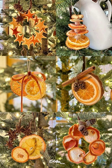 Dried Orange Decorations Diy, Diy Orange Garland Christmas, Orange Slice Christmas Ornaments, Easy Tree Decorations, Dehydrated Fruit Ornaments, Dried Orange Christmas Ornaments, Vintage Christmas Wrapping Ideas, Dried Fruit Decorations Christmas, Natural Tree Decorations Xmas