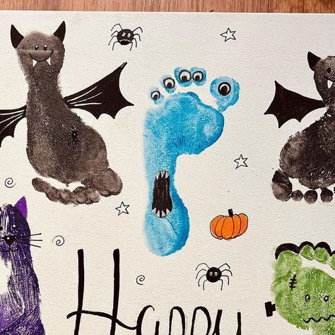 Finger Painting Halloween, Halloween Finger Painting, Hand Print Fall Crafts, Frankenstein Footprint Art, Ghost Feet Painting, Halloween Hand And Foot Print Art, Hand And Foot Print Art For Kids, Footprint Ghosts, Hand And Foot Print Art