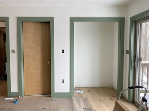 Green Wall And Trim, Green Painted Trim Interior, Green Painted Hallway, White Room Green Trim, Green Trim Nursery, Green Baseboards And Trim, Green Trim Bathroom, Green Baseboards, White Walls Green Trim