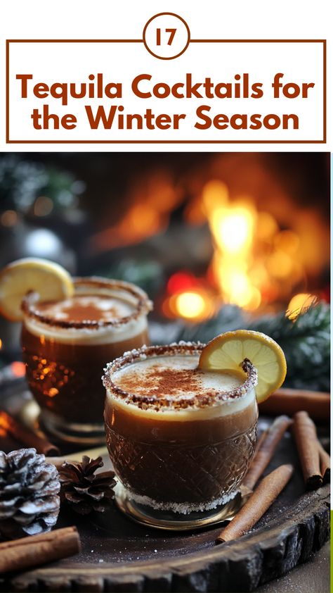 Tequila cocktails for the winter season featuring spicy margaritas and warm tequila hot chocolate, perfect for holiday gatherings or cozy nights by the fire. Spicy Holiday Cocktails, Christmas Drinks Alcohol Tequila, Spicy Winter Margarita, Tequila Cocktails Winter Holiday Drinks, Tequila Hot Toddy, Chocolate Tequila Drinks, Tequila Coffee Cocktail, Hot Tequila Drinks, Friday Night Cocktails