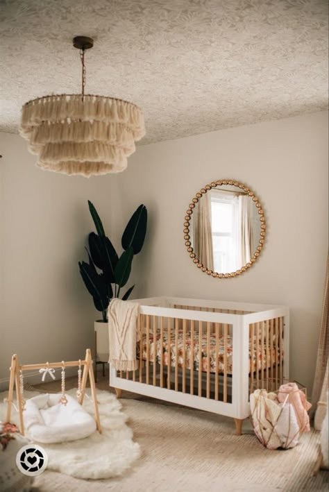 Boho Nursery Cribs & Toddler Beds, Baby Girl Nursery’s, Earthy Nursery Decor, Boho Floral Nursery Decor, Gender Natural Nursery, Nursery Ideas Girl Neutral, Wallpaper On Ceiling Nursery, Baby Girl Nursery Room Ideas Boho, Newborn Bedroom Ideas