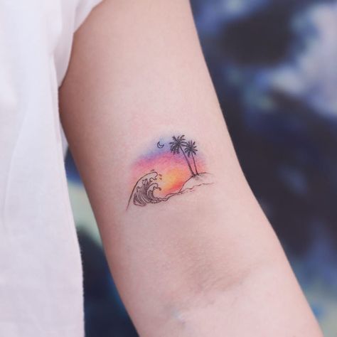 Sunset over the island. Tattoo by Saegeemtattoo #saegeemtattoo #tropicaltattoos #color #watercolor #linework #fineline #small #palmtree #island #waves #ocean #sea #moon #sunset #landscape #seascape Best Friend Tattoos Color, Small Beach Tattoos, Sunset Tattoo, Island Tattoo, Hawaii Tattoos, Favorite Tattoos, Sunset Tattoos, Wave Tattoo, Landscape Tattoo