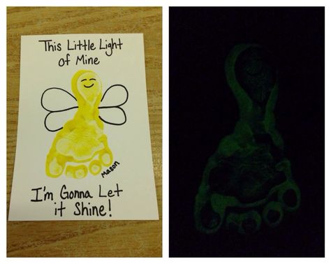 Lightning bug footprint with glow in the dark paint Firefly Footprint Art, Bible Footprint Crafts, Light And Dark Activities For Infants, Bug Footprint, Lightning Bug Crafts, Bug Crafts For Kids, Childcare Crafts, Infant Crafts, Print Crafts