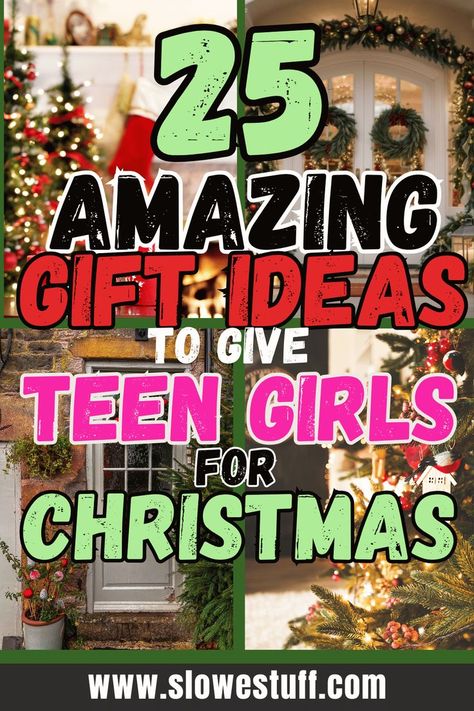 Image of girl opening gifts at Christmas with banner 25 Grea Christmas Gift Ideas for Teen Girls - Birthday Gift Ideas Too with website www.slowestuff.com listed Gift Ideas 18th Birthday, Gift Ideas Girl, Trendy Christmas Gifts, Christmas Gifts For Teenagers, Amazing Gift Ideas, Old Christmas, Christmas Gifts For Girls, Christmas Gift Ideas, Trendy Gift