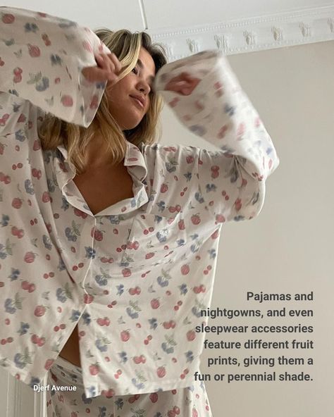 Pajamas and nightgowns, as well as sleepwear accessories like scrunchies and slippers, feature various fruit prints, giving them a fun or timeless appeal. Discover how to incorporate this playful trend into your sleepwear collections. At START by WGSN, you can access a wealth of fashion information to boost your business. Click the link in bio to learn more. #SleepwearTrends #FruitPrints #FashionBusiness #PajamaStyle #NightwearFashion Djerf Avenue, Home Wear, Long Sleeve Shirt, Sleeve Shirt, Pajamas, Long Sleeve, Pants, Pattern, Trousers