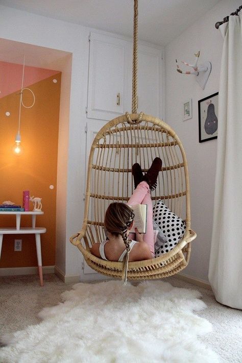 I'm gonna laugh is there's another picture where she's on the floor. SIT IN THE CHAIR THE RIGHT WAY!  ~typical Morgan Bedroom Swing, Hanging Rattan Chair, Indoor Swing, Teen Girl Bedroom, Room Corner, Swing Chair, Upcycled Home Decor