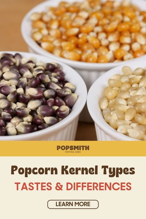 Did you know that there are different types of popcorn kernels and that what you pick can influence the quality of your gourmet popcorn? Join us as we go over the types of popcorn kernels and how they vary based on shape, color, and taste. Plus, find out what kernels we recommend for specific flavored popcorn recipes like homemade kettle corn and buttery stovetop popcorn. Visit the Popsmith blog now! | easy snacks Healthy Popcorn Toppings, Types Of Popcorn, Salty Party Snacks, Gluten Free Party Snacks, Healthy Salty Snacks, Homemade Kettle Corn, Vegan Party Snacks, Flavored Popcorn Recipes, Healthy Party Snacks