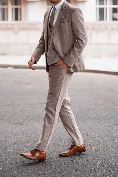 Men Suit Unique, Stone Suit Men Wedding, Tan Plaid Suit Men, Greige Groom Suit, Taupe Wedding Suits Groom, Tan 3 Piece Suit Men, Father Of The Bride Beige Suit, Plaid Suit For Men Wedding, Mens Taupe Suit