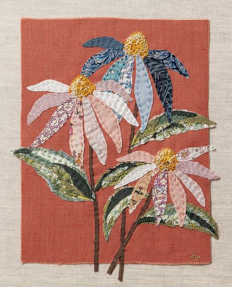 Coneflower Slow-Stitching Kit - Wattle&Loop Linen Background, Textile Art Embroidery, Textiles Artwork, Fabric Cards, Pola Sulam, Crochet Books, Slow Stitching, Sewing Art, Applique Quilts