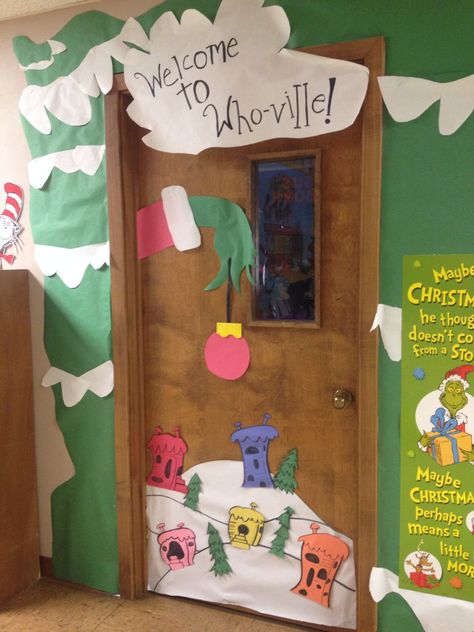 Grinch classroom door #grinch #whoville #classroom Grinch Door, Door Decorations Classroom Christmas, Classroom Christmas Decorations, Holiday Door Decorations, Diy Christmas Door, Christmas Door Decorating Contest, Christmas Classroom Door, Whoville Christmas, School Door Decorations