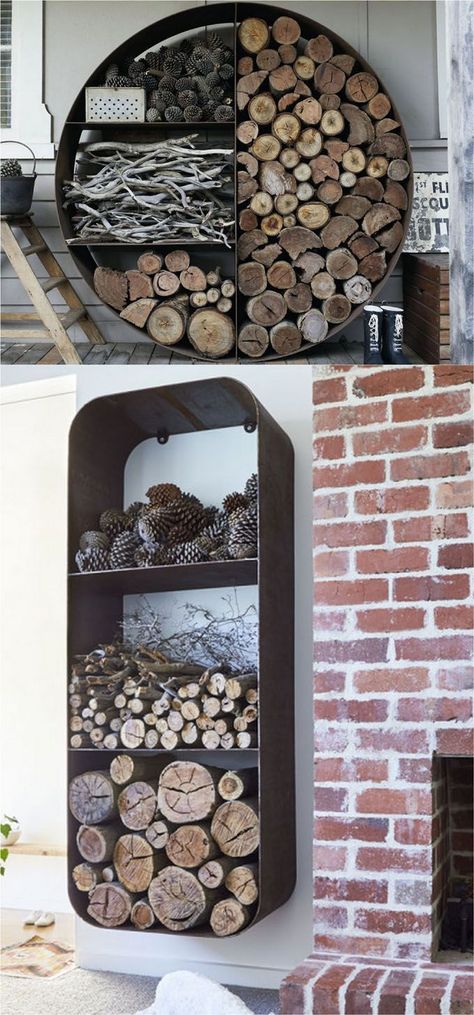 15 firewood storage and creative firewood rack ideas for indoors and outdoors. Lots of great building tutorials and DIY-friendly inspirations! - A Piece Of Rainbow Indoor Firewood Rack, Firewood Storage Indoor, Firewood Storage Outdoor, Outdoor Firewood Rack, Firewood Racks, Wood Storage Rack, Firewood Shed, Firewood Holder, Firewood Rack