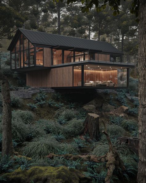 CGI - Florest House :: Behance Mountain Forest House, Wood House In The Forest, Modern Houses In The Forest, Modern Alpine House, Cabin In The Woods Architecture, Modern House Woods Forests, Modern House In The Woods, Modern Forest House, Glass House In Forest