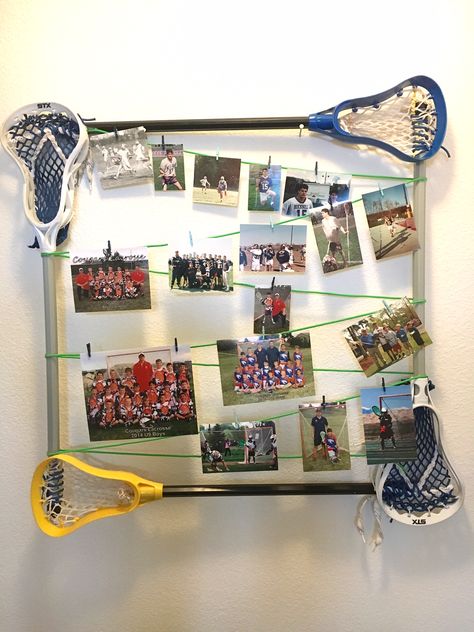 Lacrosse fiddle sticks and paracord make a frame for lacrosse photos and team pictures. Fiddle Sticks, Lacrosse Bedroom, Lacrosse Decorations, Lacrosse Senior Pictures, Lacrosse Photos, Lacrosse Room, Lacrosse Workouts, Lacrosse Practice, Lacrosse Party