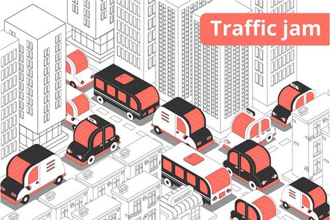 Traffic Jam Illustration, Jam Illustration, Arch Illustration, View Of City, Signage Board, City Block, Traffic Jam, Girls With Black Hair, Isometric Design