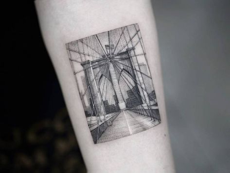 Brooklyn bridge tattoo on the inner forearm. Brooklyn Bridge Tattoo Small, Bridge Tattoo Ideas, Brooklyn Bridge Tattoo, United States Culture, Bb Tattoo, New York Culture, Bridge Tattoo, New York Tattoo, Inner Forearm