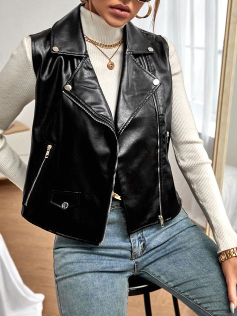 Leather Vest Outfit Street Style, Outfits With Leather Vests For Women, Sleeveless Biker Jacket Outfit, Outfits With Leather Vest, Biker Vest Outfit Woman, Sleeveless Leather Jacket Outfit, Leather Waistcoat Outfit Woman, Biker Vest Outfit, Leather Gilet Outfit