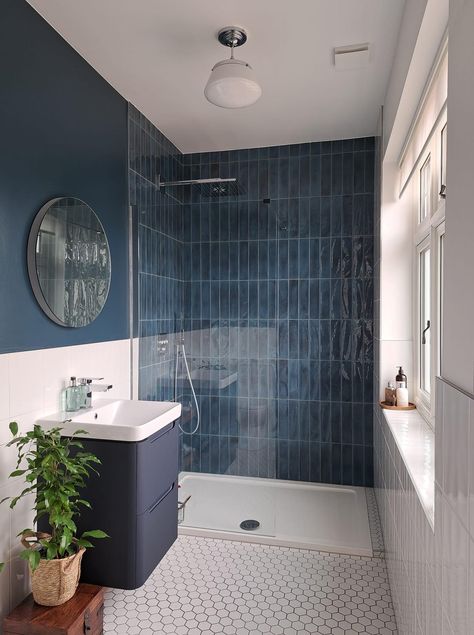 Gloss Blue Tiles Bathroom, Shower Room Blue, Navy Bathroom Tiles Wall, Family Bathroom Blue, Navy Shower Room, Blue Moroccan Bathroom, Blue Wet Room, Bathroom Blue Tile Wall, Small Bathroom Blue Tile