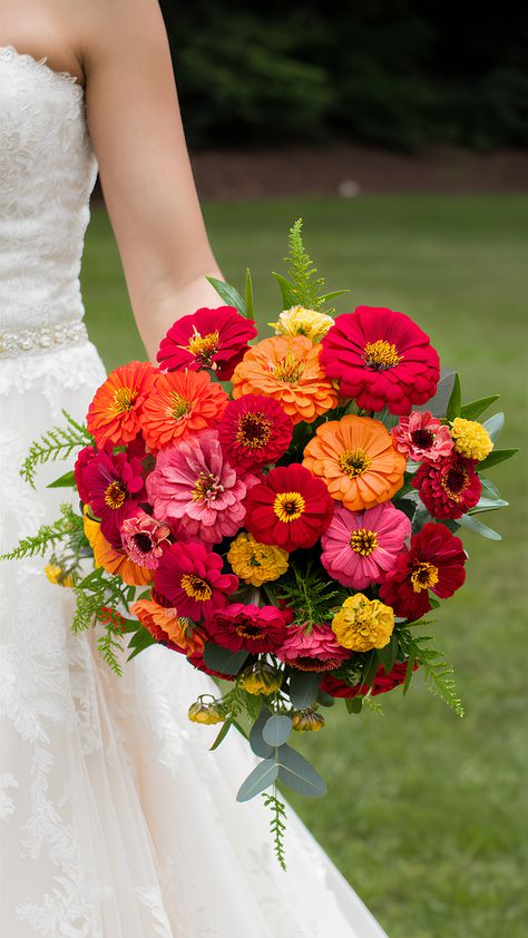 Vibrant Multicolored Zinnia Bouquets for Weddings Vibrant Wedding Bouquet, Zinnias Wedding, Zinnia Bridal Bouquet, Zinnia Wedding Flowers, Zinnia Wedding Bouquet, Zinnia Wedding, Red Zinnia, Zinnia Bouquet, Wedding Bouquet Ideas