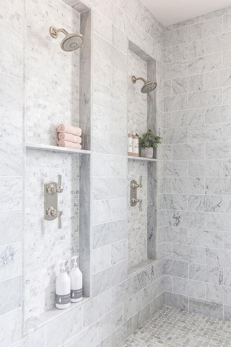 ᗩᑎᑎ ♡ Double Shower Head With Niche, Shower Long Shelf, Luxury Built In Bathtub, Master Bath With Double Shower Heads, Master Bath Niche Ideas, Bathroom Shower Next To Toilet, Trench Drain Shower Pan, Master Bath Double Shower Head, Double Shower Head Master Baths Bathroom