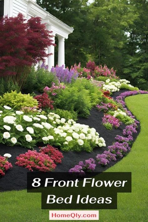 Transform your front yard into a floral oasis with these 8 enchanting flower bed ideas! Whether you prefer cottage garden charm or modern elegance, find inspiration to create a sanctuary of beauty and tranquility. Get ready to escape into a world of blooming wonder right outside your door! #FloralOasis #FrontYardGarden #GardenDesign Flower Garden Along House, Sloping Flower Bed Ideas, Landscape Ideas Flowers, Cottage Garden Flowers Perennials, Front Yard Landscaping Hydrangea, Frontyard Landscape Layout Full Sun, Side Of House Landscaping Ideas Simple, Front Landscaping Ideas Low Maintenance, Big Front Yard Landscaping