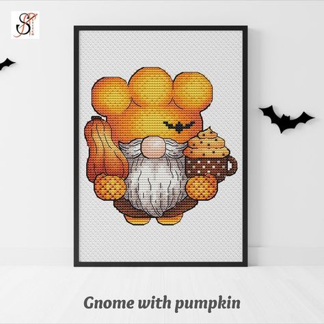 Room Decor Funny, Gnome Cross Stitch, Gnome Halloween, Halloween Cross Stitch, Pumpkin Cross Stitch, Monogram Cross Stitch, Funny Cross Stitch, Fall Gnome, Halloween Cross Stitch Patterns