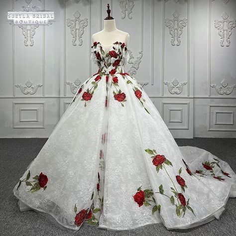 Botanical Wedding Dress, White And Red Wedding, Ball Gown Corset, Off Shoulder Wedding Gown, Rose Flower Embroidery, Wedding Dress Red, White Quinceanera Dresses, Quinceanera Dresses Red, Red Wedding Gowns