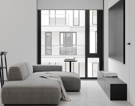 Apartment in Moscow on Behance Monochrome Furniture, Monochrome Apartment, Penthouse Ideas, Home Cinema Room, Minimalist Flat, Monochrome Interior, Bedroom Design Inspiration, Apartment Renovation, Living Room Sofa Design