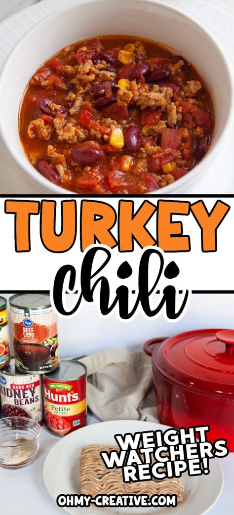 This Weight Watchers chili recipe with ground turkey is healthier just by replacing ground beef with turkey – and lower in points! Ww Chili Recipe 0 Point Crockpot, Ww Chili Recipe Weight Watchers, Ww Turkey Chili, Ground Turkey Chili Recipe Easy, High Protein Turkey Chili, Ww Ground Turkey Recipes, Ww Chili Recipe, Turkey Chili Recipe Healthy, Weight Watchers Turkey Chili