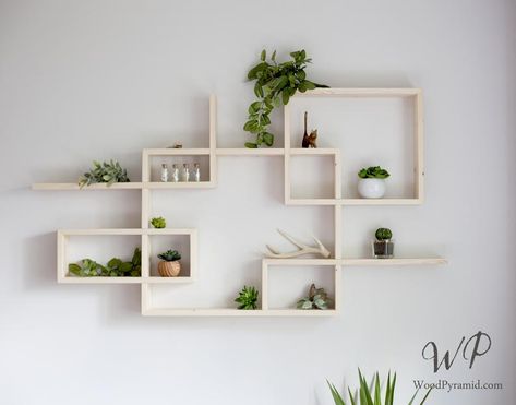 Square Shelf Decor, Statement Shelves, Crystals Shelf, Floating Shelf Design, Shelf Design Ideas, Essential Oils Shelf, Modern Wall Shelves, Diy Floating Shelf, Wood Display Shelf