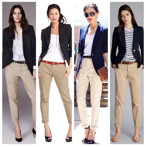 Tan Chinos Outfit Women, Black Slacks Outfit Business, Navy Blue And Beige Outfit, Navy And Beige Outfit, Outfit Pantalon Beige, Khaki Pants Outfit, Tan Accessories, How To Wear Blazers, Navy Chinos