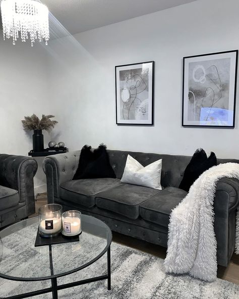 Silver Grey Living Room Decor, Black Grey Living Room Decor, Living Room Ideas Apartment Grey Couch, Apartment Decor Black And Grey, Wall Art Grey Living Room, Black White Gray Silver Living Room, Black Grey And Silver Living Room, Dark Grey Black And White Living Room, Grey Wall Living Room Decor