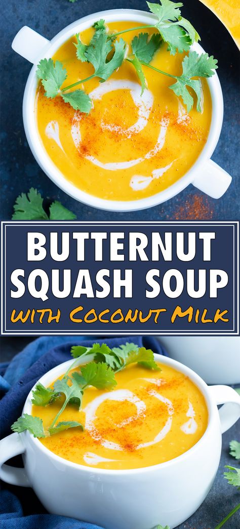 Coconut Milk Squash Soup, Squash Soup With Coconut Milk, Whole 30 Vegan, Soup With Coconut Milk, Vegan Butternut Squash Soup, Paleo Thanksgiving, Baked Butternut Squash, Butternut Soup, Coconut Milk Soup