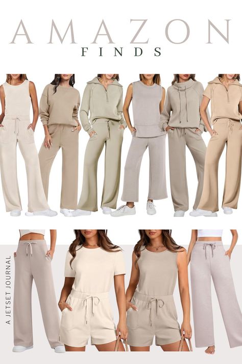 Experience the ultimate in comfort with Amazon's loungewear inspired by Air Essentials. Enjoy breathable, cozy fabrics that make you feel fabulous whether you're at home or on the go. Choose from stylish two-piece sets in various styles, including half zip tops or form-fitting tanks, and discover one-piece jumpsuits that scream comfort. Not into sets? Grab a pair of wide-leg pants to pair with any top you love. Keep scrolling to find your new favorite loungewear today! Pajama Set Outfit, Best Amazon Two Piece Sets, Elevated Loungewear Outfits, Stylish Homewear, Classy Loungewear Outfit, Stylish Loungewear Outfit, Aerie Loungewear, Lounge Wear Ideas, Neutral Loungewear