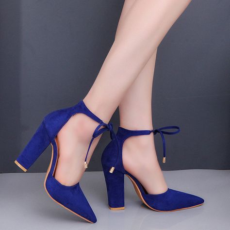 Women  Pointed Large Size High Heeled Sandals Ankle Strap Chunky Heels, Chunky Heel Pumps, Suede High Heels, Strappy High Heels, Chunky High Heels, Blue Heels, Slingback Sandals, Stiletto Sandals, Platform High Heels