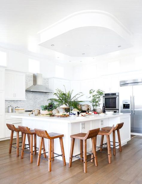 Stools on Two Sides of Kitchen Island Kitchen Island With Stools, Island With Stools, Large White Kitchen, Hampton Style Kitchen, Kitchen Island Tops, Rustic Kitchen Cabinets, White Kitchen Island, Large Kitchen Island, Kitchen Cabinets Decor