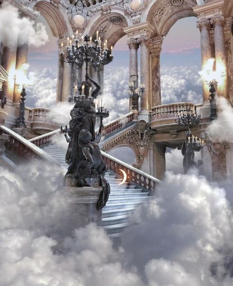 Cloud Castle Aesthetic, Cloud Kingdom Aesthetic, Olympus Drawing, Kingdom In The Clouds, Air Kingdom, Cloud Princess, Sky Kingdom, Greek Castle, Cloud Giant