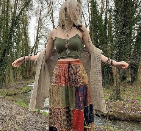 Fairy Fashion Aesthetic Casual, Clothes Made From Nature, Outfit Inspo Fairycore, Spring Green Patchwork Maxi Skirt, Multicolor Beach Skirt For Fall, Casual Patchwork Skirt For Festival, Hippie Patchwork Maxi Skirt, Cold Hippie Outfits, Summer Fairycore Outfits