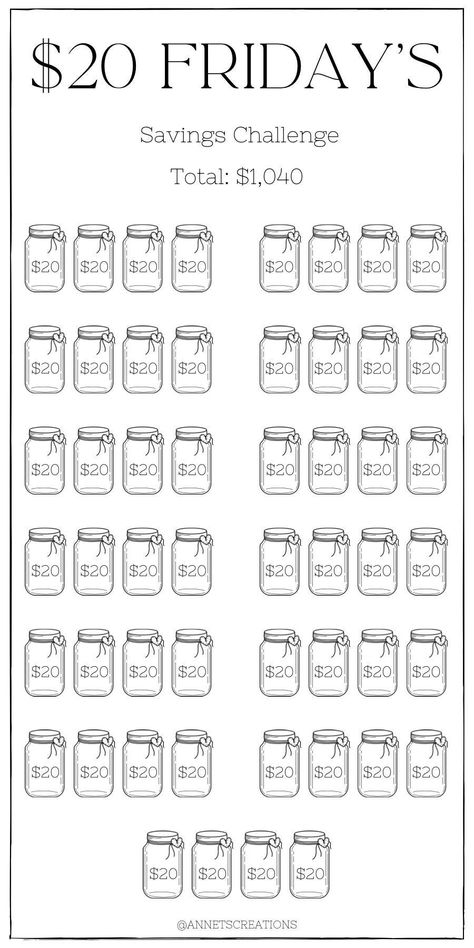 This savings challenge I have created is a weekly savings for every Friday if possible . Giving you the opportunity to save $20 weekly on Fridays for a total of $1,040 once completed. This is a Digital Download only and no physical item will be received. If you have any questions or concerns please feel free to contact me. Thank you for choosing my small shop to be a part of your financial journey! Money Saving Challenge Pounds, Low Income Budget Plan, Shopping Savings Challenge, 12 Week Saving Challenge, Friday Savings Challenge, Biweekly Savings Plan Printable, Monthly Saving Challenge Free Printables, Every 2 Weeks Saving Plan, 20 Dollar Savings Challenge