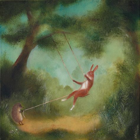 DD McInnes | Inglenookery Prelapsarian Art, Arte Peculiar, Bunny Painting, Forest Creatures, Cute Paintings, Animal Painting, The Swing, Art And Illustration, Children's Book Illustration