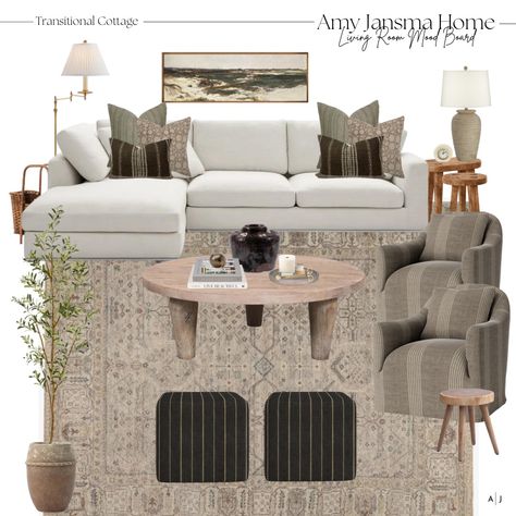 Cottage Mood Board, Furniture Mood Board, Minimal Livingroom, Transitional Cottage, Modern Classic Living Room, Designer Living Room, Cottage Living Room, Neutral Home Decor, White Couches