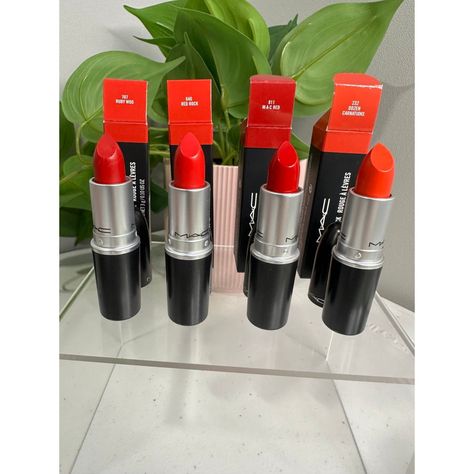 All 4 Are Brand New Full Size Lipsticks With Boxes Shades Are: 707 Ruby Woo 640 Red Rock 811 M.A.C Red 232 Dozen Carnations Mac Marrakesh Lipstick, Brick Red Lipstick, Ruby Woo Lipstick, Mac Lipstick Colors, Mac Retro Matte Lipstick, Mac Cosmetics Lipstick, Frosted Lipstick, Mac Retro Matte, Shiny Lipstick