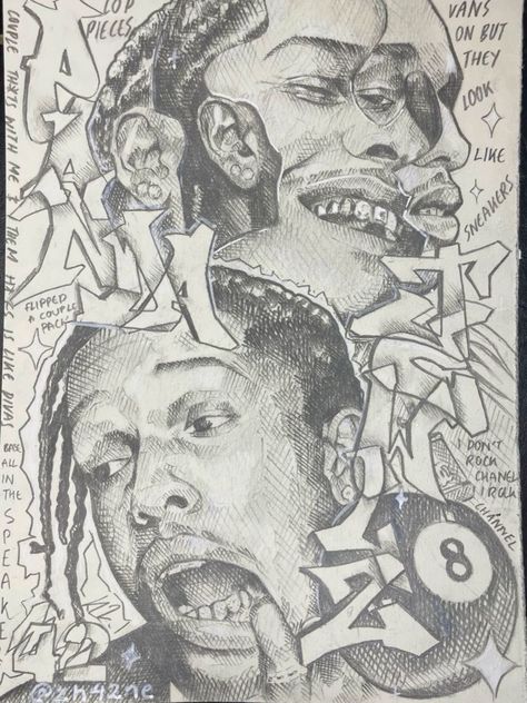 Drawing Inspo Sketchbook, Street Art Sketchbook, Swaggy Art Drawing, Drawings Of Rappers, Rapper Art Drawing, Asap Rocky Drawing, Street Style Drawing, Abstract Portrait Drawing, Rapper Drawings