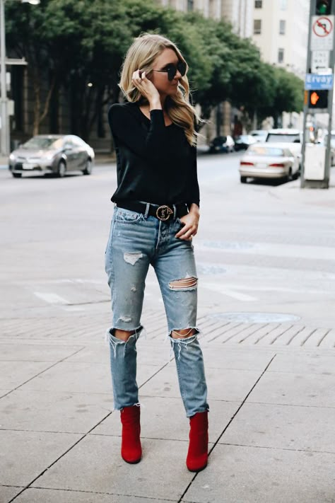 Red Booties Outfit, Arm Tights, Red Heels Outfit, Red Boots Outfit, Red Shoes Outfit, Booties Outfit, Red Booties, Heels Outfits, Red Boots