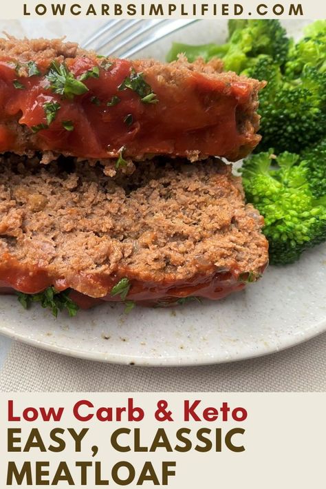 Our low-carb and keto old-fashioned meatloaf recipe is deliciously flavorful, tender and juicy, and so easy to make! It includes traditional ingredients like ground beef, diced onions, an egg, and thyme (among other seasonings). To make it keto, we use store-bought sugar-free ketchup and ground pork rinds as a substitute for breadcrumbs (our favorite substitute!).It's made with just 8 ingredients and uses one-bowl (yes, easy clean-up!). Meatloaf Recipe Without Eggs, Meatloaf Recipe Easy, Mom's Meatloaf Recipe, Mexican Food Recipes Beef, Ground Beef Meatloaf, Keto Meatloaf, Beef Meatloaf, Ground Pork Recipes, Classic Meatloaf Recipe