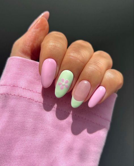 cute simple pink and green nails spring flower nail inspo for acrylic or gel nails Mint Green And Pink Nails With Design, Spring Themed Nails Simple, Simple Cute Spring Nails, Spring Nails 2024 Short Almond, Almond Nails Pink And Green, April Nail Ideas 2024, Spring Nails 2024 Pastel, Spring Nails Pink And Green, Pretty Flower Nail Designs