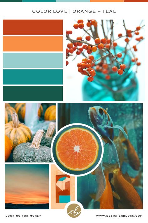 Color Love | Orange and Teal - DesignerBlogs.com Teal Orange Red Color Palette, Teal Orange Red Wedding, Teal Orange Green Color Palette, Teal Red Color Palette, Red Green Orange Color Scheme, Red And Teal Color Palette, Orange And Teal Color Palette, Red And Orange Bedroom, Orange Teal Bedroom