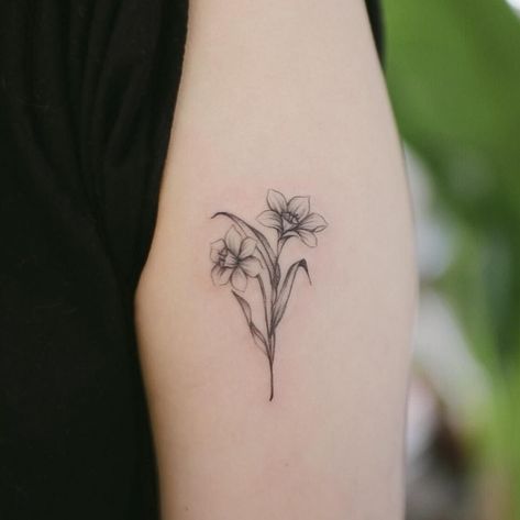 December birth flower - Narcissus. For grandma | Narcissus ... #tattoosforwomen #tattooideas December Flower Tattoo, December Birth Flower Tattoo, Narcissus Tattoo, Flower Narcissus, Narcissus Flower Tattoos, Name Flower Tattoo, Font Tato, December Flower, December Birth Flower