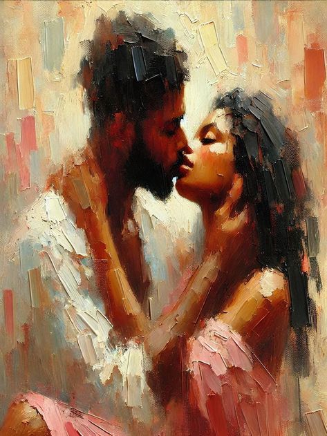 Embrace in Mauve: Impressionist art of an African American couple showing affection. Man in white, woman in mauve. Soft, romantic hues. by DigitalDelitesStudio on Etsy Afro Painting, Showing Affection, Romantic Artwork, African American Couples, American Couple, Romantic Paintings, Couple Painting, White Woman, Romantic Atmosphere