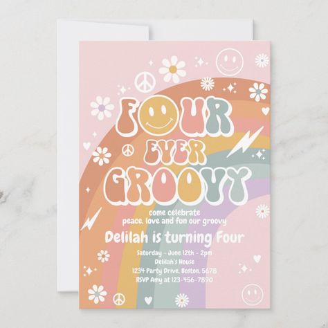 Four Ever Groovy Rainbow 4th Birthday Invitation Size: 5" x 7". Gender: unisex. Age Group: adult. Material: Matte. Peace Love Party, Flower Power Party, Festival Birthday Party, Hippie Birthday Party, Hippie Birthday, Rainbow Birthday Invitations, Rainbow Invitations, Love Party, 2nd Birthday Invitations