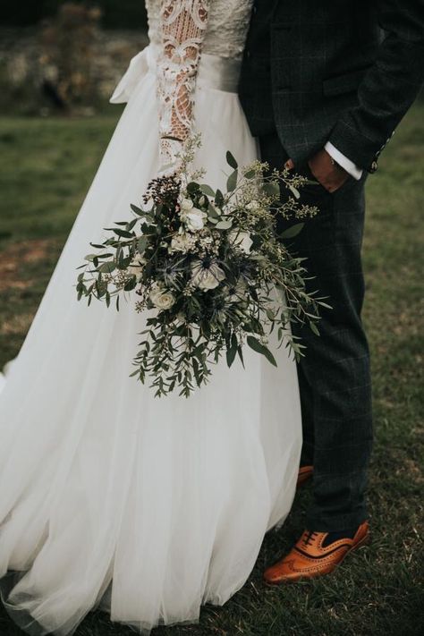 Beautiful wild bouquet with roses , spray roses wax flower and eryngium  and navy accents Wild Bouquet, Bouquet With Roses, Wax Flower, Navy Accents, Bride Bouquet, Wax Flowers, Inspo Pics, Spray Roses, Bride Bouquets